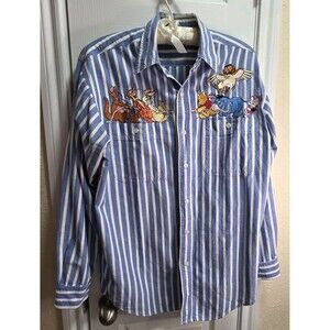 Vintage Disney Store Embroidered Button Front Blouse Blue Size Small Pooh & Frie